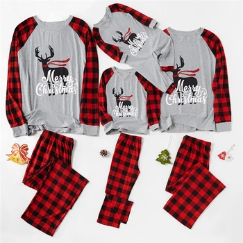 価格 クリスマス家族マッチング服ホームウェア秋パジャマ + チェック柄パンツクリスマス服長袖oネック手紙ヘラジカパターン