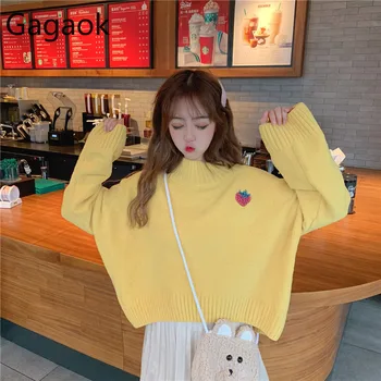

Gagaok Women Sweet Fashion Sweater Spring Autumn New O-Neck Embroidery Cartoon Loose Casual Harajuku Wild Female Pullover Korean