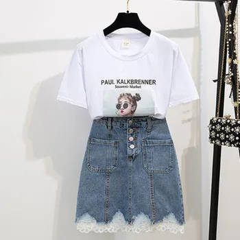 

2020 Summer Cotton Print T-shirt and Lace Trim Hem Denim Skirt Two-piece Sets Women Button Pocket Short Jean Skirt Casual Set