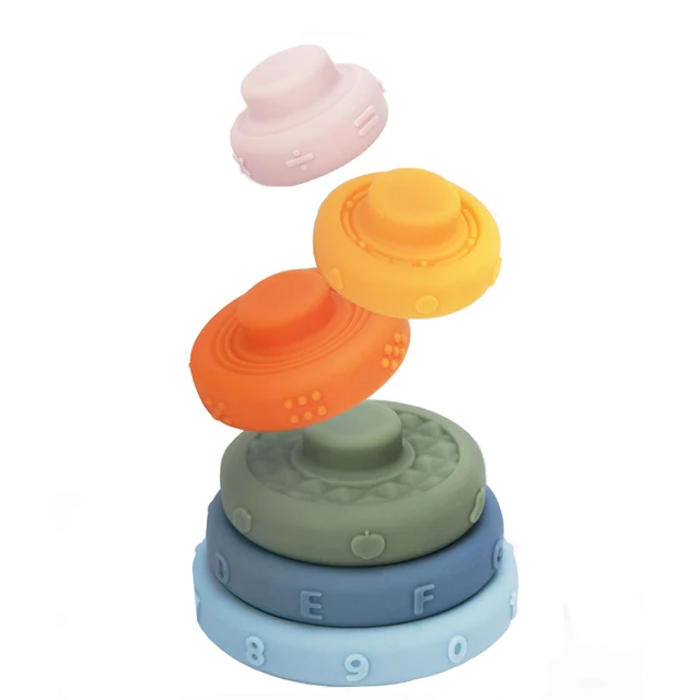 Montessori Rainbow Stack Tower Games Baby Silicone Teether Early Development Game Bathtub Soft Building Block Toys For Children 1