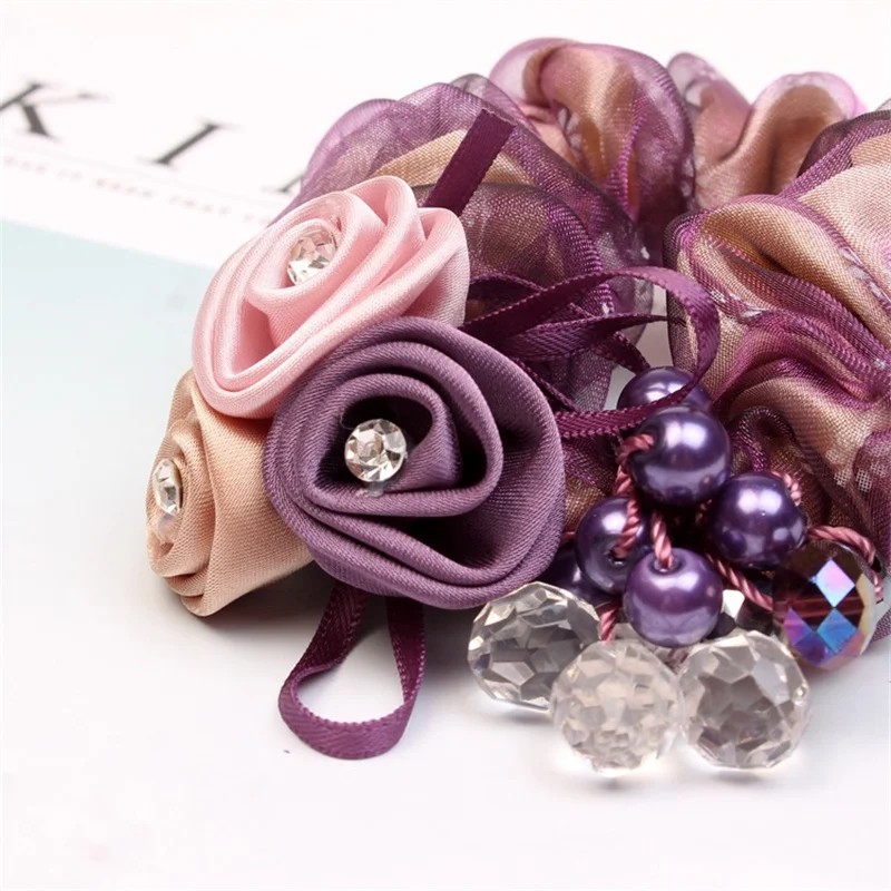 Korean Elegant Flower Scrunchies Women Girls Elastic Hair Rubber Bands Accessories Tie Hair Ring Rope Ponytail Holder Headdress