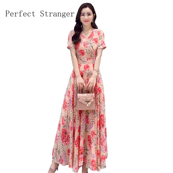 

2020 Summer New Arrival V Collar Short Sleeve Printed Women Chiffon Long Dress