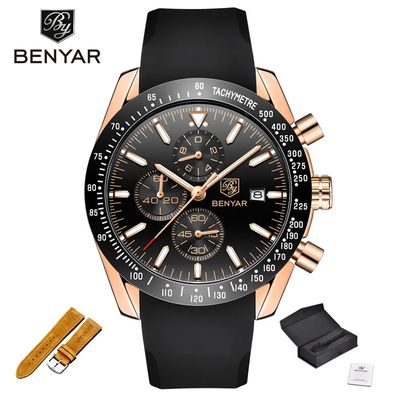 Gold Black Strap Новинка, BENYAR мужские наручные часы s, кварцевые мужские часы с хронографом, Топ бренд, Роскошные Модные Военные часы, мужские часы Zegarki Meskie - Цвет: Gold Black Strap