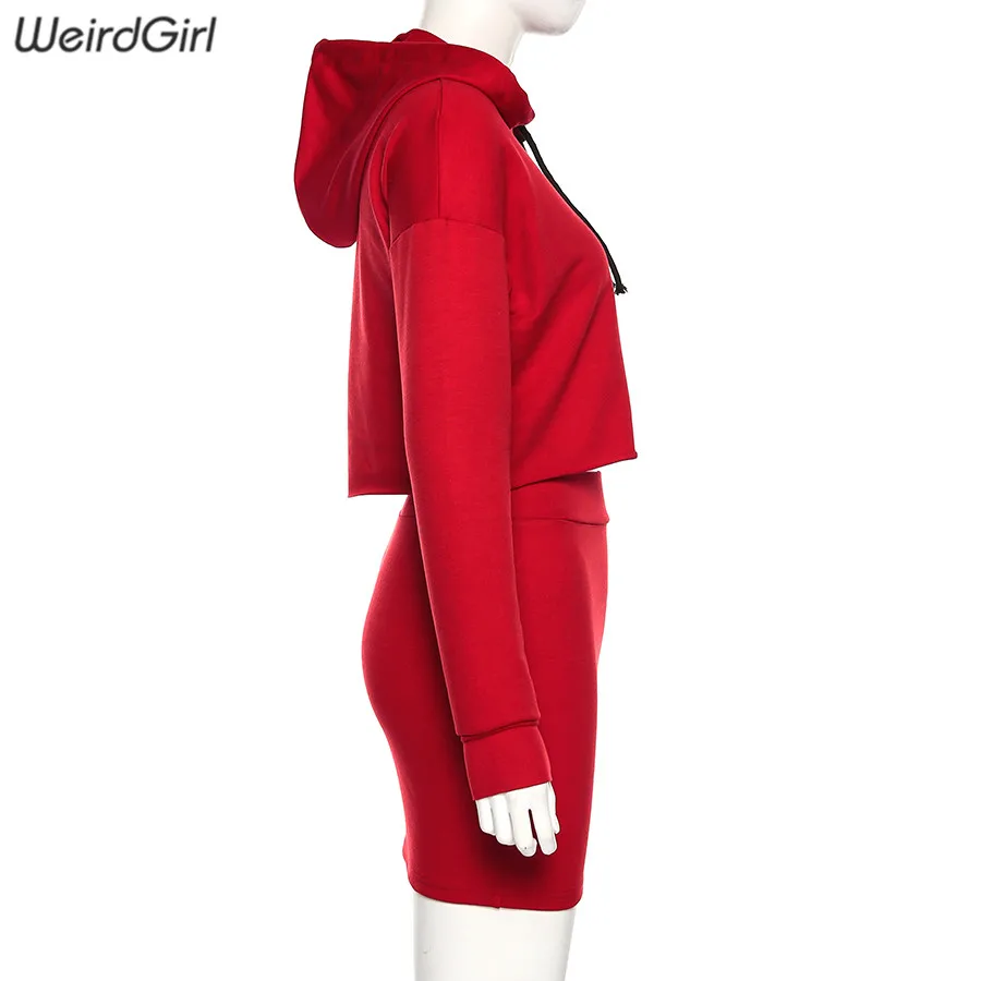 Weirdgirl женские комплекты из двух предметов повседневные короткие худи с капюшоном пуловеры с высокой талией юбки осень уличная однотонная Мода