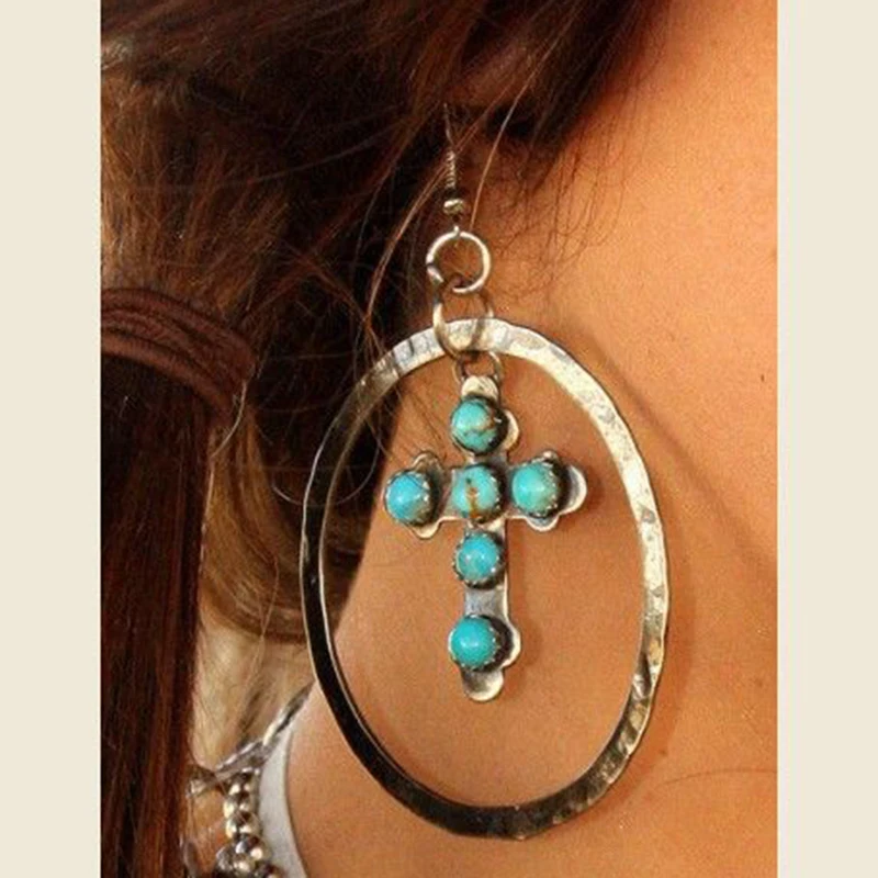 Earrings D375 Богемные металлические серебряные полые большие круглые висячие серьги винтажные Подвески инкрустировано синим камнем женские преувеличенные серьги Z3D251 - Окраска металла: Earrings D375