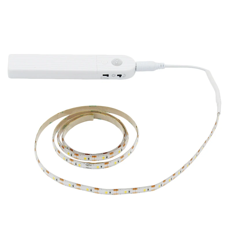 Датчик движения Pir, 60Led, Ночной светильник для шкафа, диммируемая гибкая светодиодная лента, лампа, питание от батареи типа ААА, для гардероба, лестницы, 1 м, теплый Whi