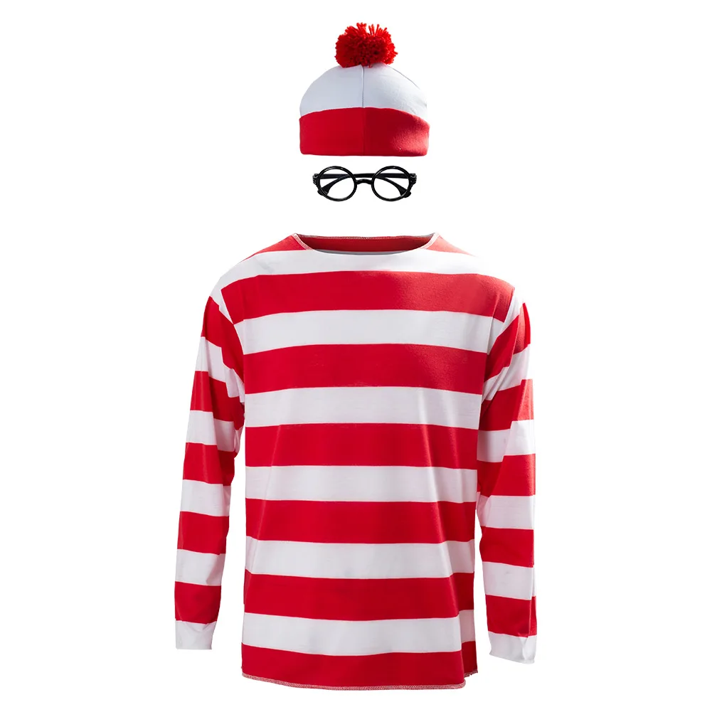 

Where's Wally Waldo Now Cosplay Shirts Red White Stripes Long Short Shirt Costume Adult Hat Glasses Fancy Dress Carnival Suit