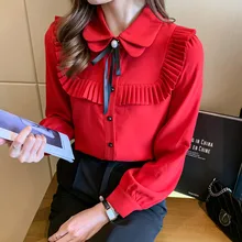 

Solid red autumn women shirt bow tie Double-layer collar buttons office ladies elegant blouse chiffon ruffled tops new 2021