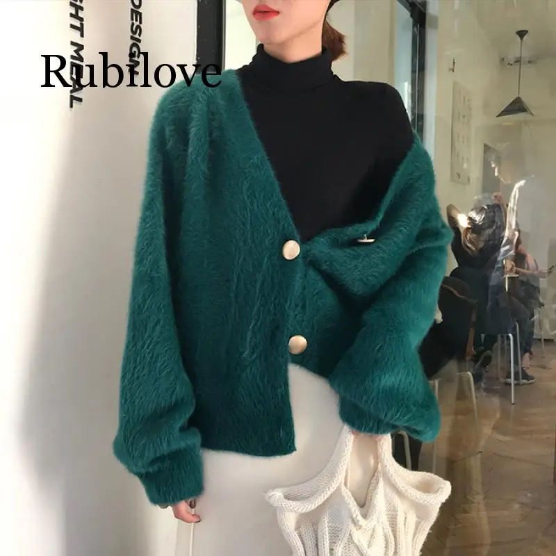 Rubilove, Корейская версия, осенний и зимний вязаный кардиган, v-образный вырез, женский свитер, Повседневный, свободный, длинный рукав, тонкая, на пуговицах, модная
