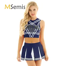 

2Pcs Womens Charming Cheerleading Carnival Cosplay Dance Costume Set Sleeveless Pentagram Back Crop Top with Mini Pleated Skirt