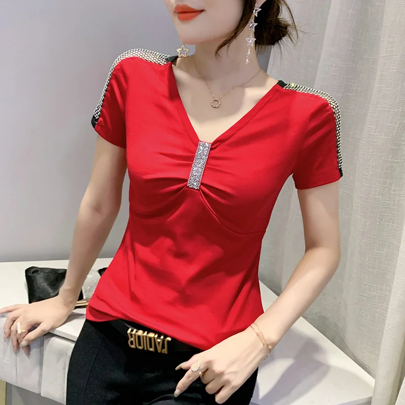 

#7129 Black Green Red Womens Tee Shirts V-Neck Diamonds Sexy Tight T Shirt Women Hollow Out Short Sleeves Women's T-shirt Summer