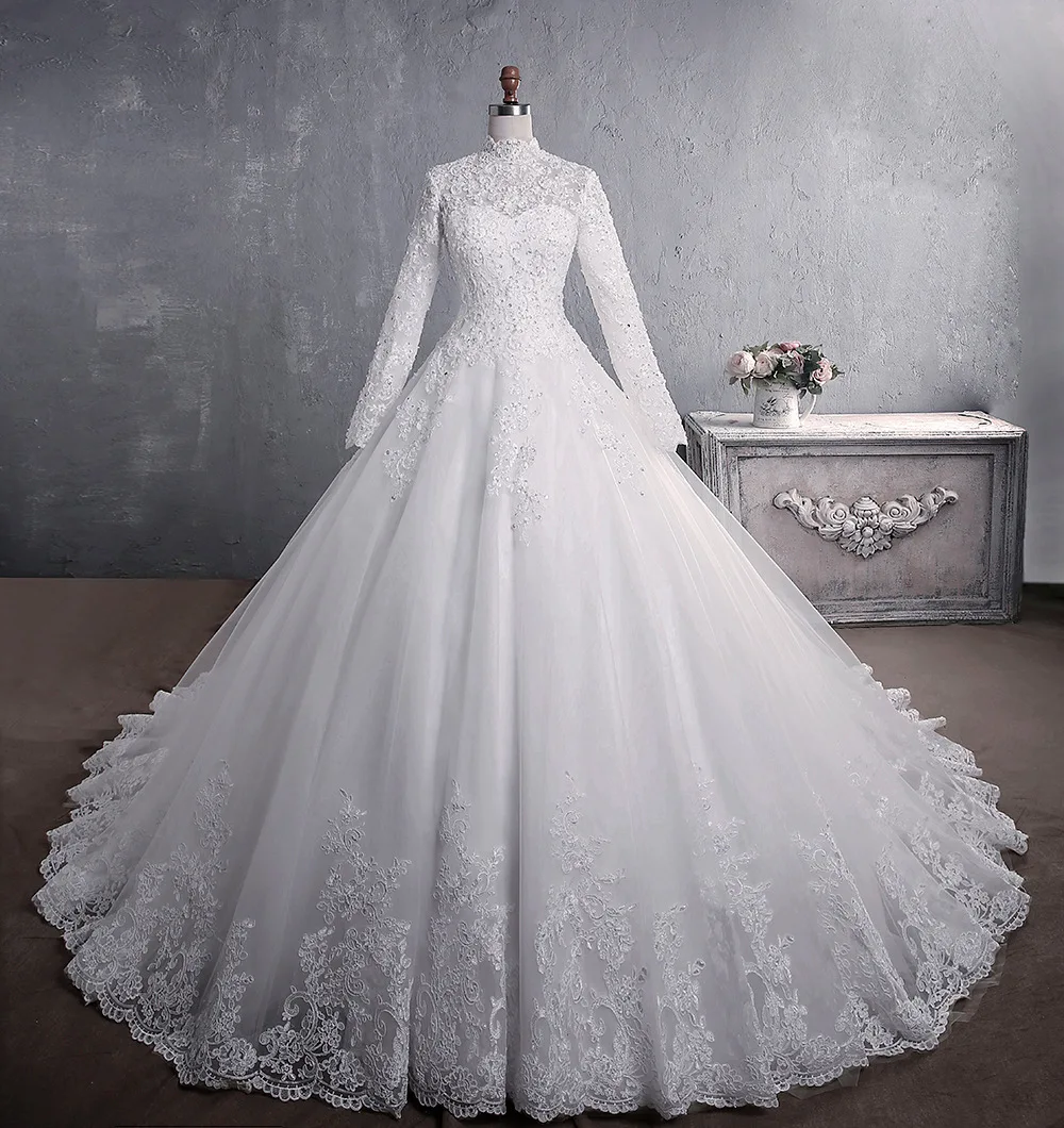 

2020 Custom Made Tulle Appliques Wedding Dresses Full Sleeves High Neck Chapel Train Muslim Bridal Dress Button Back