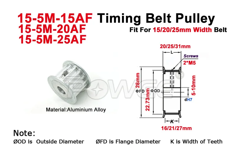 POWGE 15 Зубы 5 м Синхронный шкив Диаметр 5/6/6,35/8 мм подходят Ширина 15/20/25 мм HTD 5 м зубчатый ремень, подходящие для возраста 15 15 зубы HTD 5 м зубчатый шкив