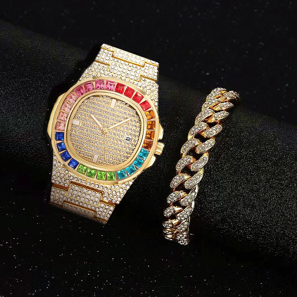 Diamond Watch for Men Top Brand for Men Luxury Iced Out Gold Watch Bracelet Hip Hop Jewelry  Relogio Masculino Women Mens Watch
