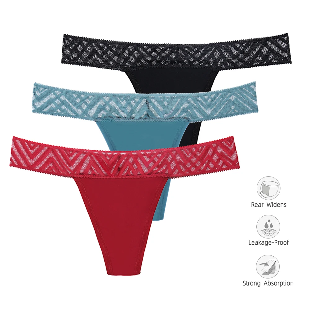 

3Pcs Menstrual Briefs Lace Panties Leakproof Physiological Period Four Layers T Back Solid Color G String Sexy Women Underwear