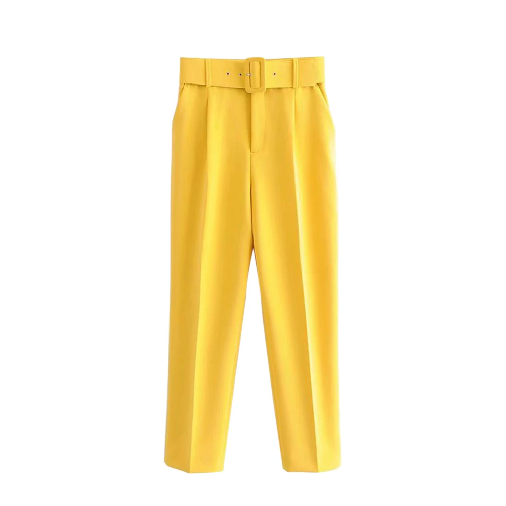 Oeak Осенние повседневные одноцветные брюки для женщин модные брюки с высокой талией Pantalon Femme офисные женские повседневные брюки с поясом - Цвет: Yellow