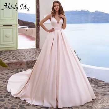 

Adoly Mey New Arrival Charming V-Neck Backless A-Line Wedding Dress 2020 Gorgeous Matte Satin Chapel Train Princess Wedding Gown
