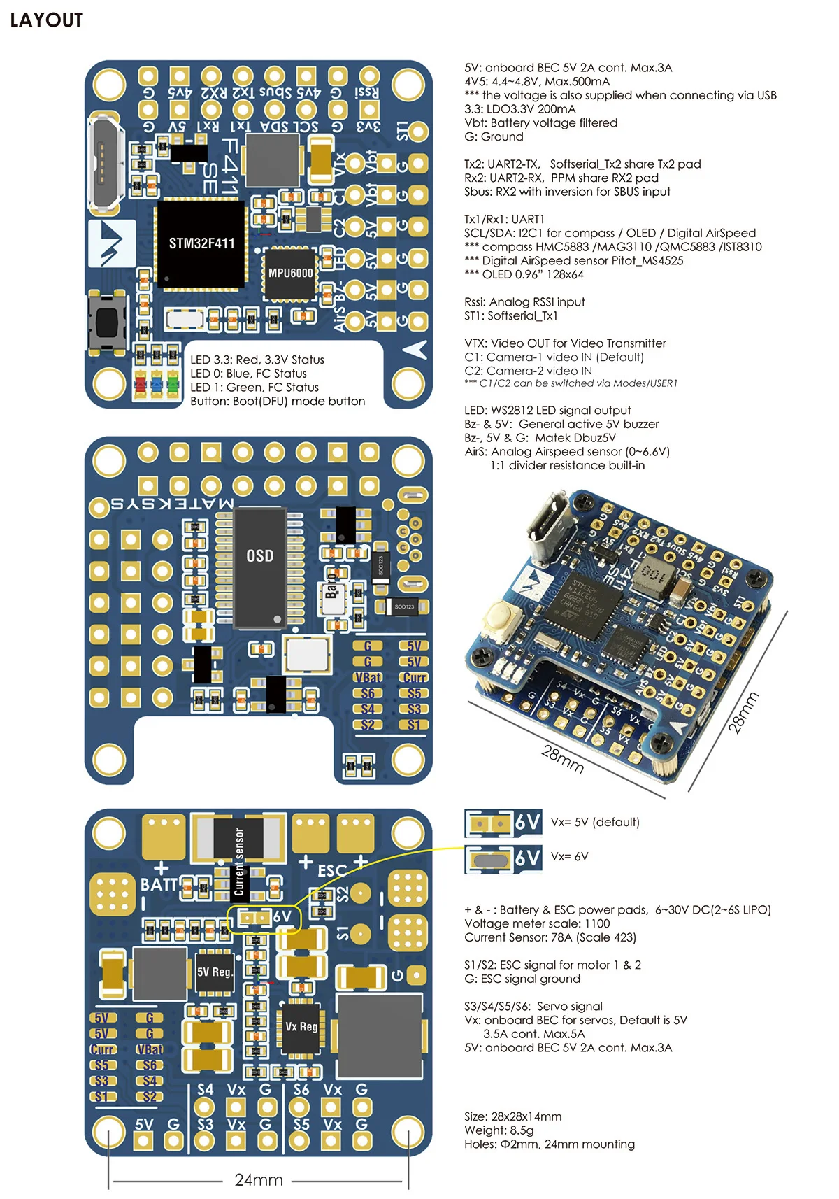 Matek Mateksys F411-WSE Контроллер полета и BEC 5V Выход Встроенный 2-6S ESC 78A ток Senor для RC Дрон крыло RC вид от первого лица для БПЛА