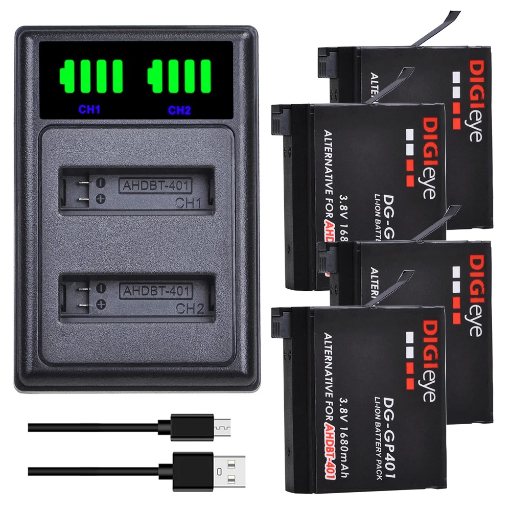 1680Mah Ahdbt-401 Batteria + Led Doppio Caricatore Per Gopro Hero 4 Batterie Gopro Hero 4 Argento, Hero 4 Nero