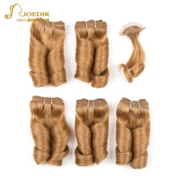 Joedir Short Romance Wave Bundles With Closure 6 Pcs One Pack Brazilian Brown Blonde Color Curly Human Hair Bundles