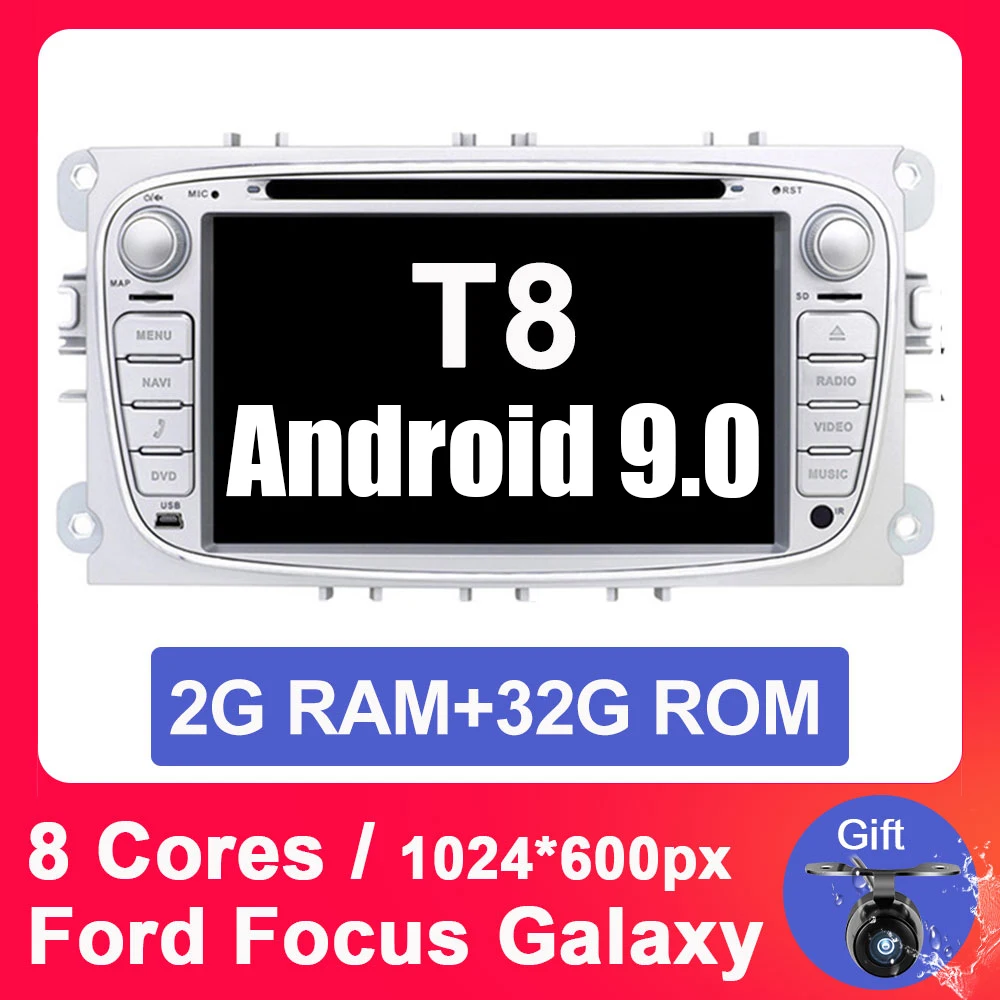 Eunavi 2 din Android 9,0 автомобильный dvd-плеер для Ford focus II Galaxy Transit Tourneo Mondeo 2din gps мультимедиа радио головное устройство ips - Цвет: SLIVER 2G 32G T8