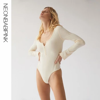 

NEONBABIPINK Button Down Ribbed Knitted Bodysuit Tops Sexy Bodycon Long Sleeve Bodysuits Women Clothes 2020 Spring N71-AB27