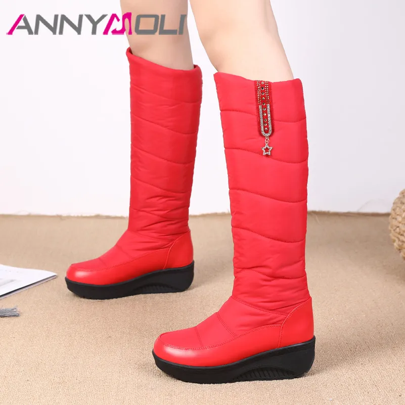 

ANNYMOLI Winter Women Fur Snow Boots Shoes Crystal Platform Mid Heel Knee High Boots Wedge Heels Slip-On Long Boots Black 35-44