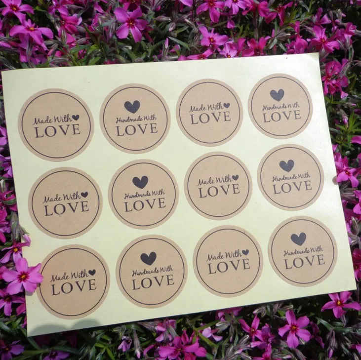 120 Pcs Made with Love Heart Handmade Cake Packaging Sealing Label Kraft Sticker Baking DIY Gift Stickers