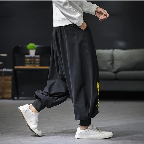 Chinese Style Wide Leg Pants Black Embroidery Black Trousers