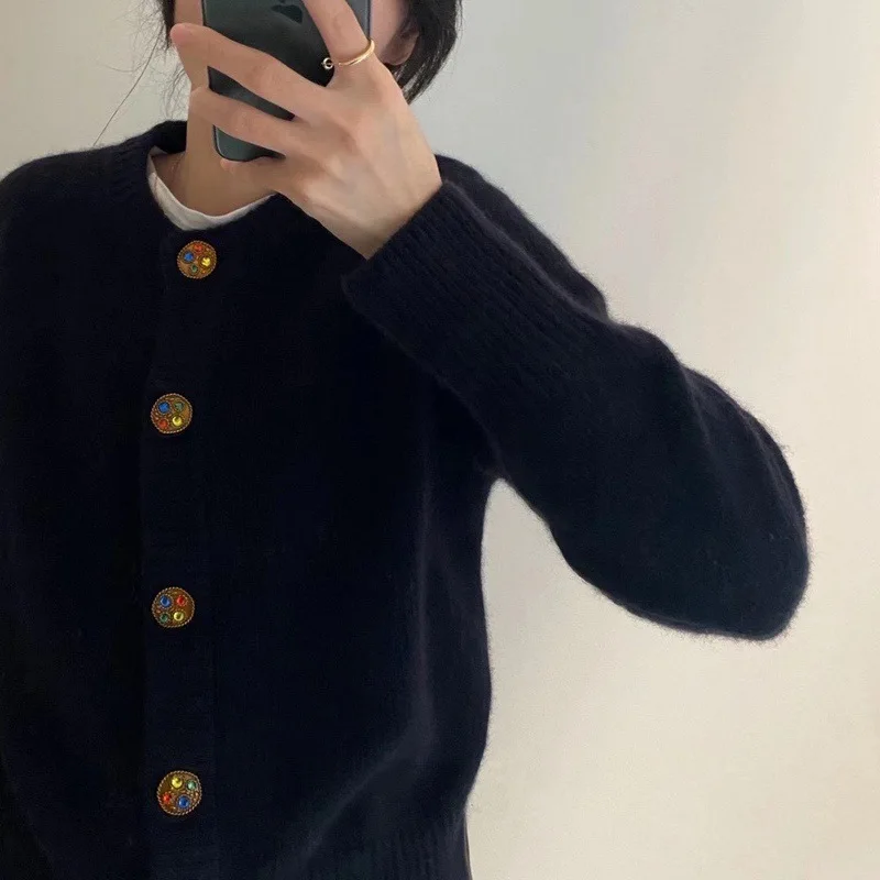 봄과 가을 패션 새로운 긴 소매 라운드 넥 솔리드 컬러 스웨터 여성 서양식 느슨한 니트 카디건 자켓