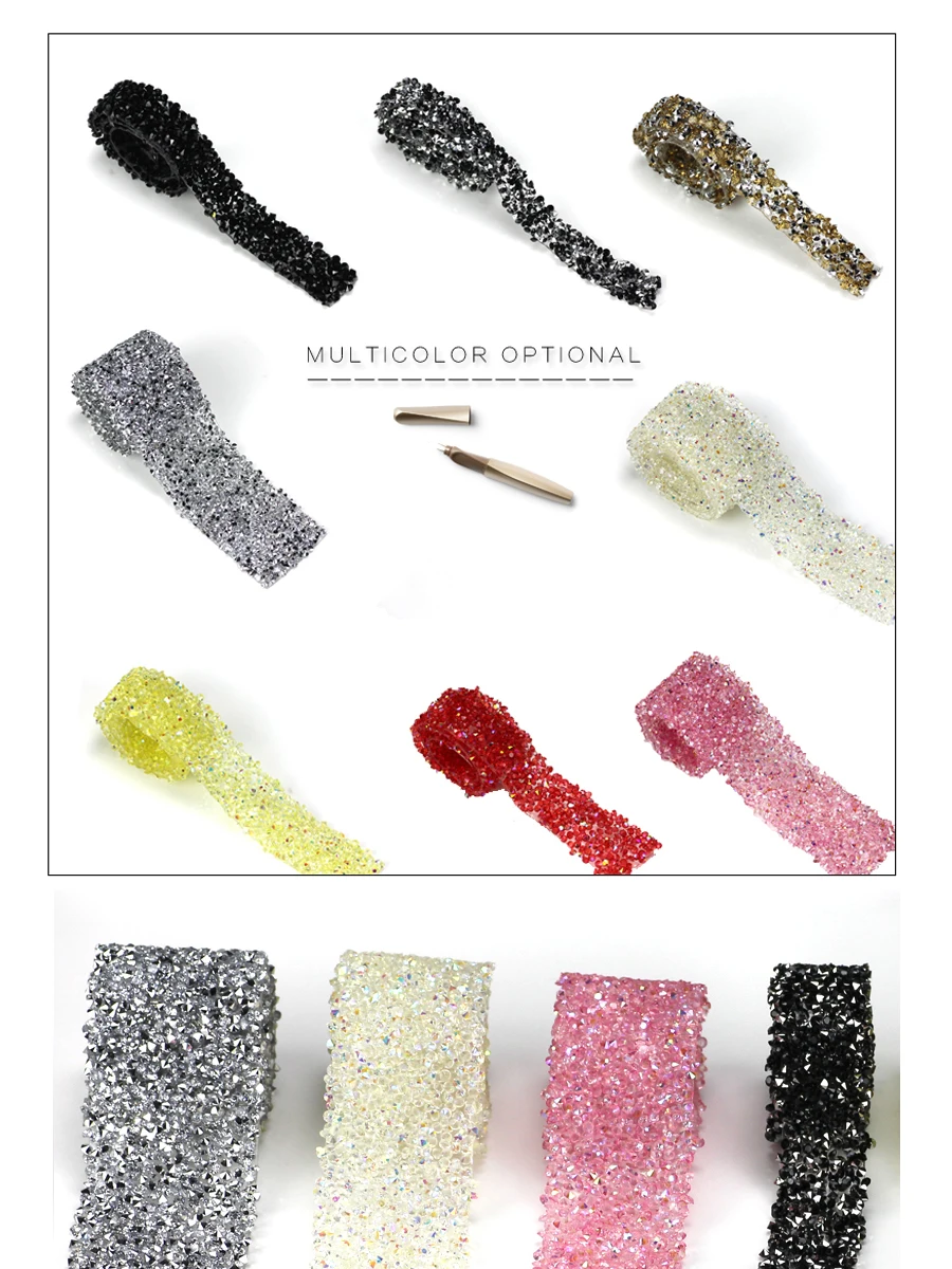 Rhinestone Chain 1 Yard Color Thermosetting Rhinestone Chain Wire Glitter Crystal Rhinestone AB Ribbon Dress Decoration Patch