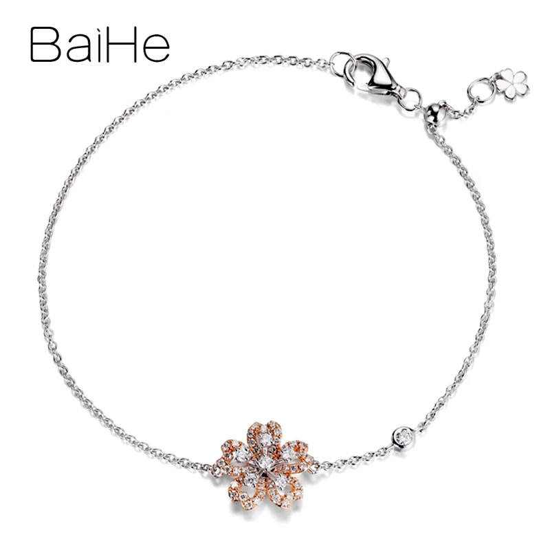 

BAIHE Solid 18K Rose White Gold 0.30ct H/SI Natural Diamond Flower Bracelet Women Fine Jewelry フラワーブレスレット Pulsera de flores