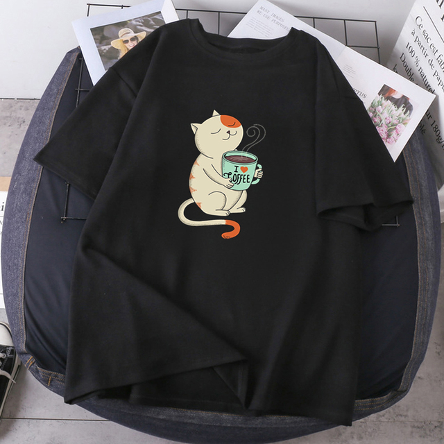 Love Cat Print O-neck 2021 T-shirts Woman Hip Hop Streetwear Tops Fashion High Quality Clothing Short Sleeve Tees K-pop Female