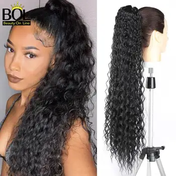 

Beauty On Line Long Curly Ponytail Extension 80cm Synthetic Drawstring Corn Hair Piece with Two Clips for Women Black Color