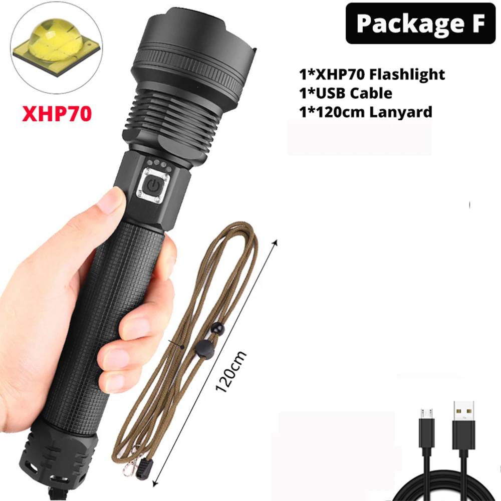 package F Самый мощный XHP90 светодиодный фонарик XLamp Zoom Torch XHP70.2 USB Перезаряжаемый тактический фонарь 18650 или 26650 Кемпинг Охота лампа - Испускаемый цвет: package F