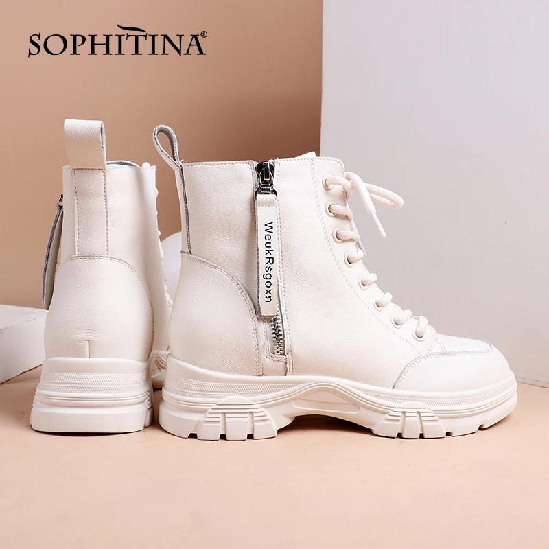 SOPHITINA Women's Shoes Leisure Sport Genuine Leather White Ankle Boots Round Toe Zipper Lace-Up Comfortable Women Boots WZ02