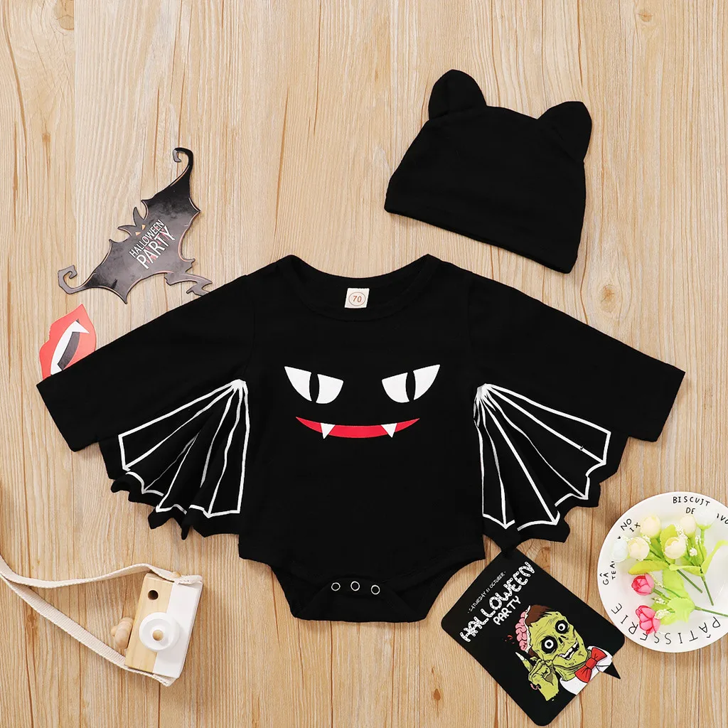 Cute Chidlren Kids Suits Newborn Baby Boys Girls Clothing Set Halloween Cosplay Costume Print Romper Bodysuit+Hat Outfits