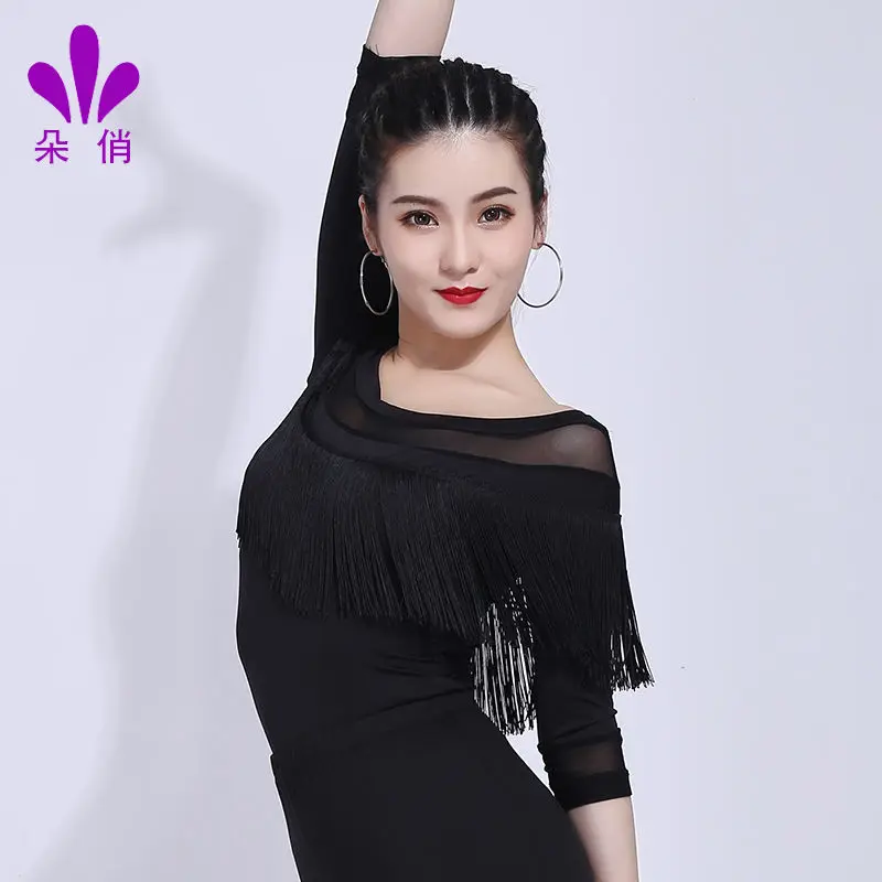 

2019 Year New Sexy Women Dance Latin T-Shirt Tassle Half Sleeves Mesh Patchwork Women Tops Summer Sexy Dancer Clothes