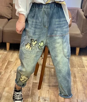 

Cartoon Plus Size Cotton Denim Jeans Woman Embroidery Casual English 2020 Spring Autumn Korean Fashion High Waist Jeans Femme