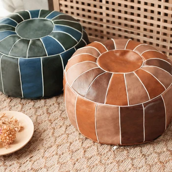 

Moroccan PU Leather Pouf Embroider Craft Hassock Ottoman Footstool Round Large 50*35cm Artificial Leather Unstuffed Cushion
