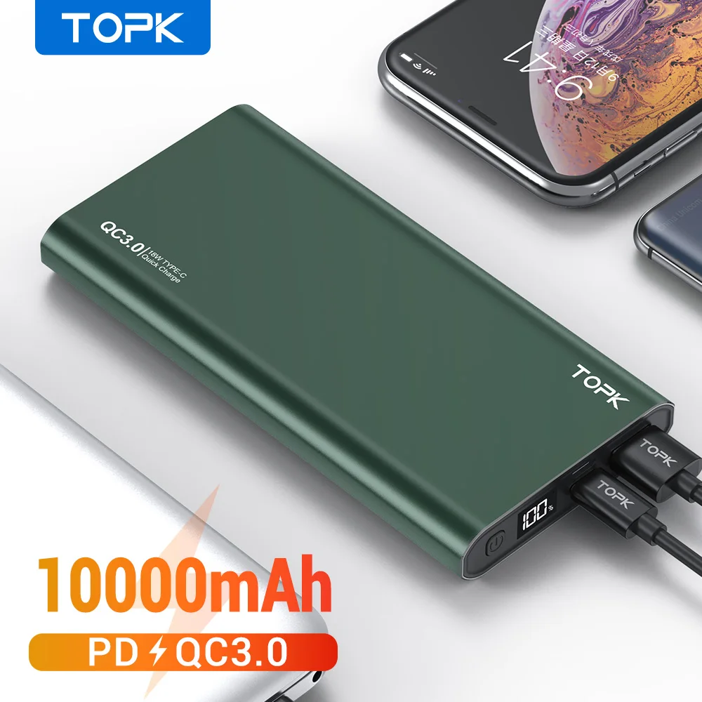  TOPK Power Bank 10000 мАч портативное зарядное устройство LED Внешняя батарея PowerBank PD Двусторонняя Быстрая зарядка повербанк для iPhone Xiaomi mi 
