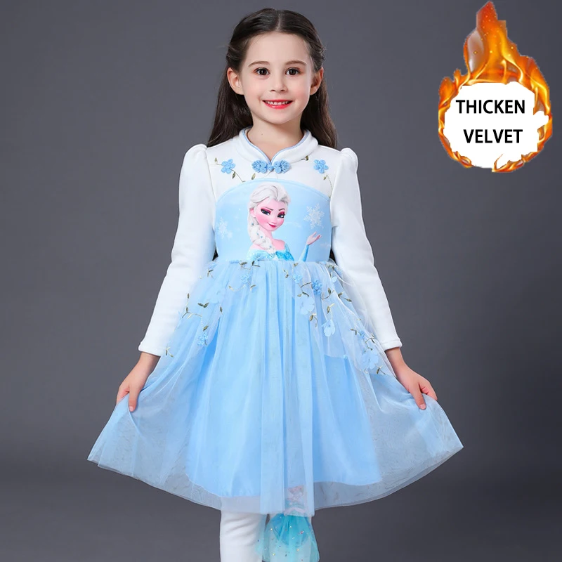 thicken blue Винтажное милое платье Эльзы; нежные аппликации для девочек; вышивка; длинный рукав; сезон осень-зима; бархатное теплое платье принцессы; B437 - Цвет: thicken blue