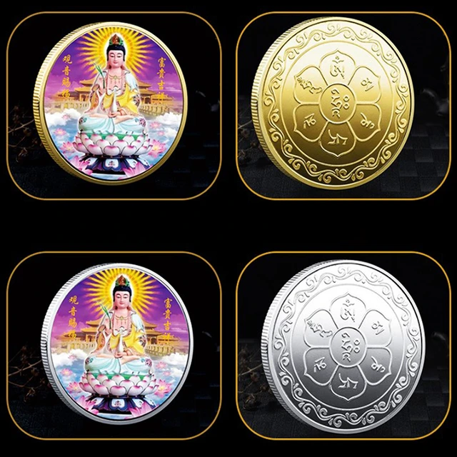 Monedas chinas pintadas de Buda, moneda de oro plateado, buena suerte,  Colección dorada para recuerdo, monedas de decoración del hogar - AliExpress