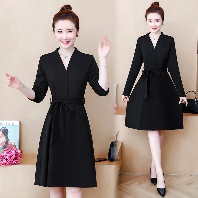 

2020 Fashion V-Neck Midi Dress Spring Autumn 4XL Plus Size Long Sleeve Sashes A-Line Dress Elegant Women Bodycon Party Vestidos