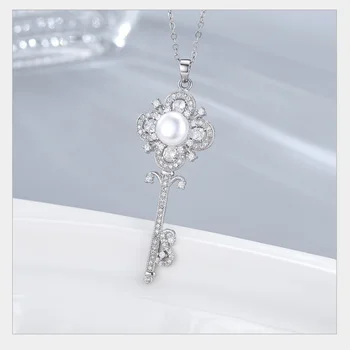 

Fashion Crystal Key Silver Chain Necklaces 925 for Women 2019 CZ Acsesoris Natural Freshwater Pearl Pendant Collares for Girls
