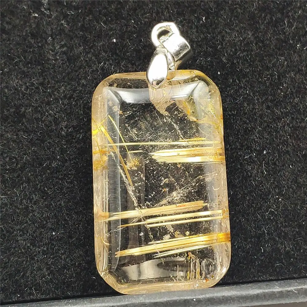 

Newly Brazil Natural Gold Rutilated Quartz Pendant Gemstone Women 28x17x8mm rectangle Bead Necklace Jewelry AAAAA