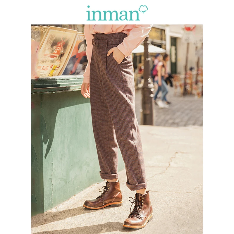 INMAN Winter Literary Retro High Waist with Belt Plaid Loose Thick Women Long Pants INMAN Winter Literary Retro High Waist with Belt Plaid Loose Thick Women Long Pants