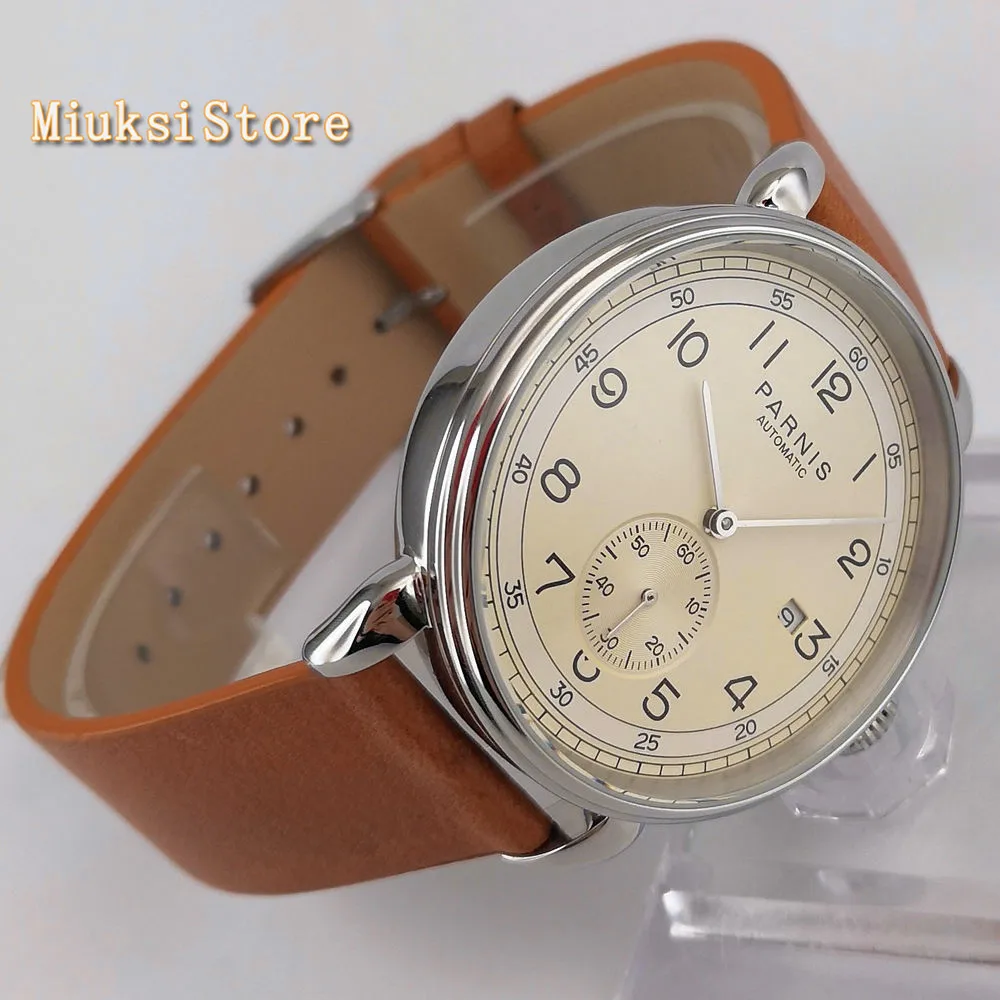 42mm top brand Parnis new men's mechanical watch silver case date leather seagull 1731 automatic movement fashion watches