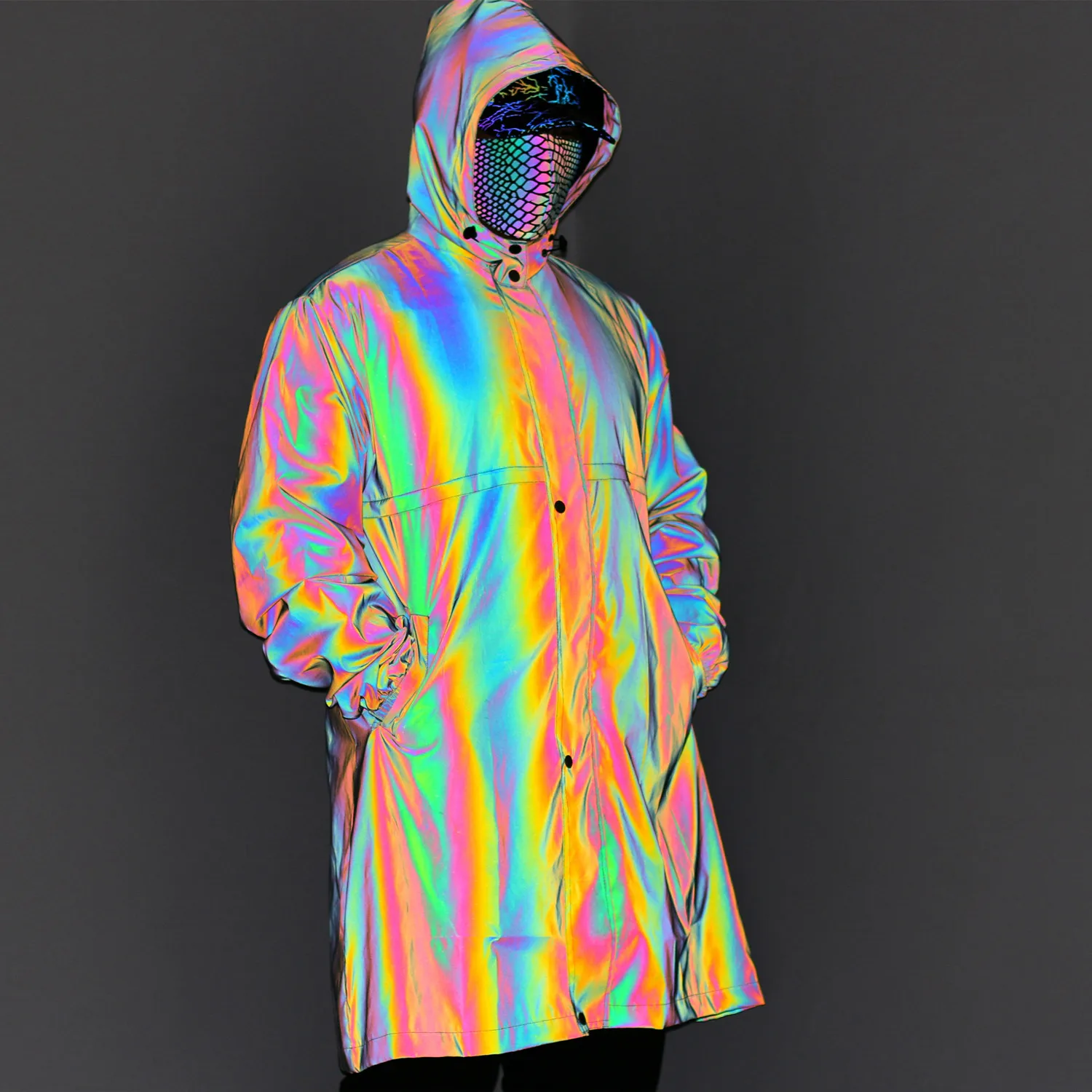 Men Unisex High Street Rainbow Reflective Hooded Jacket Windbreaker Dust Coat Trench