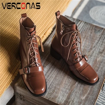 

VERCONAS Women Outdoor Ankle Boots Autumn Winter Warm New Casual Genuine Leather Fashion Lace-Up Martin Boots Short Boots Woman
